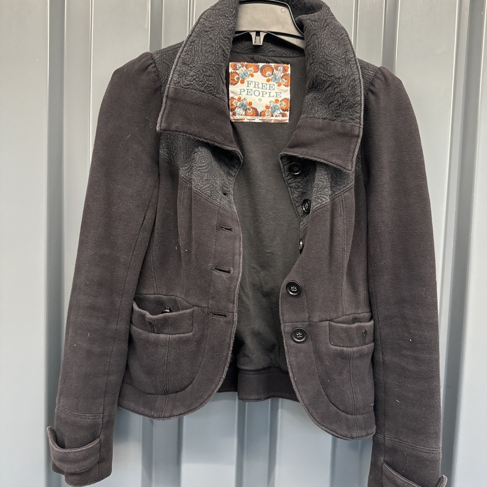 Free People Military Jacket Black Buttons Up Cuffs Size 0